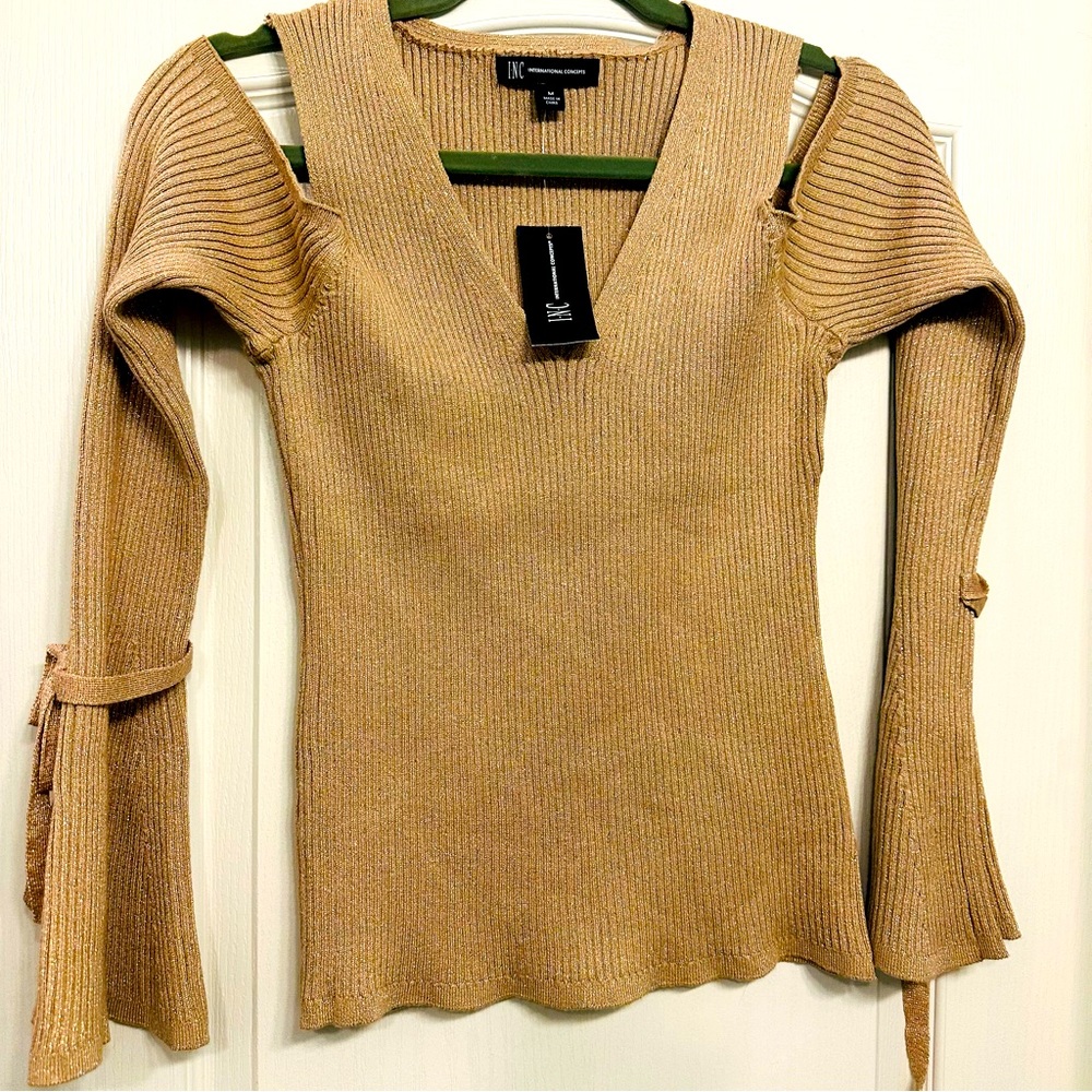 INC international concepts gold glittery cold shoulder sweater medium NWT